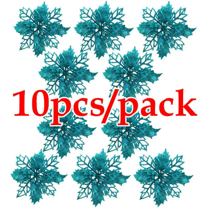 (10pcs) Artificial Christmas Tree Flower Glitter Decorations Xmas Ornaments New Year Gift