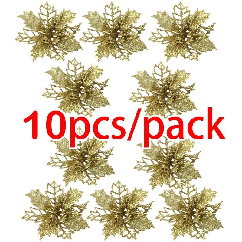 (10pcs) Artificial Christmas Tree Flower Glitter Decorations Xmas Ornaments New Year Gift